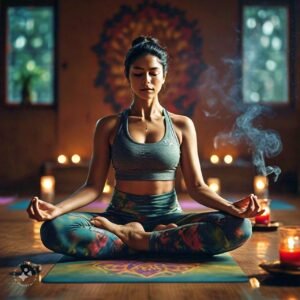 a woman sitting on a yoga mat with her eyes closed